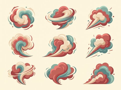 Collection of nine stylized cartoon smoke and dust cloud illustrations in red, blue, and cream colors, depicting motion and impact effects.