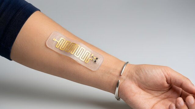 Close-up of a person's arm with a flexible gold electronic sensor patch attached to the skin for health monitoring.