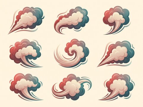 A collection of nine stylized smoke and dust cloud illustrations in dynamic swirling and trailing shapes, featuring red, blue, and white colors with outlines, depicting movement and speed.