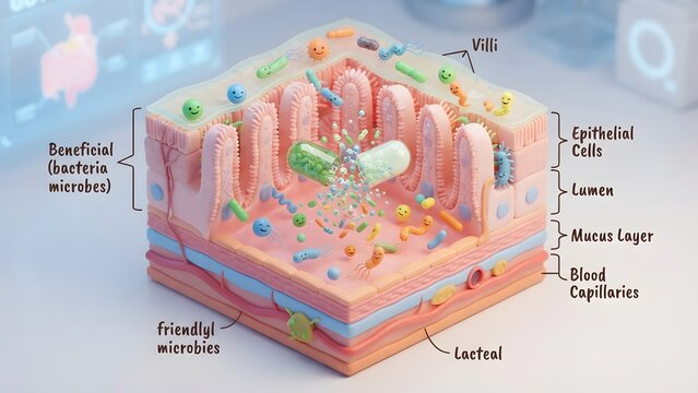 Cross-section of the intestinal wall showing beneficial bacteria and a capsule containing probiotics and healthy microbes.