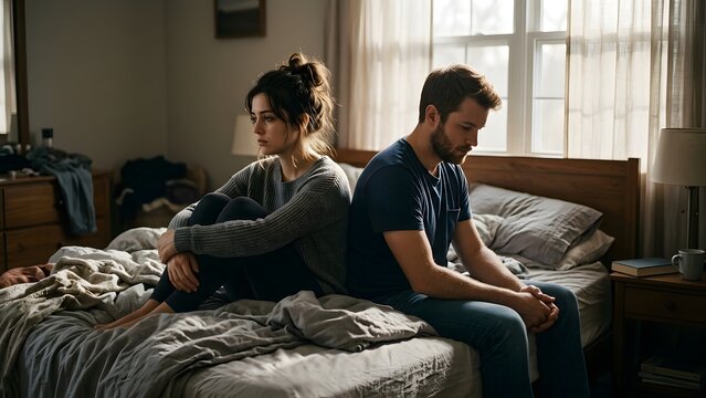 Couple sitting back to back on a messy bed, feeling sad and distant from each other.