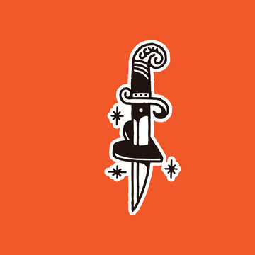 Classic ornamental dagger and love shape illustration in bold black and white line art, decorated with small floral details and inspired by traditional tattoo flash artwork.