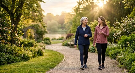 Fototapeta premium Happy Senior Woman Walking with Daughter in Sunlight
