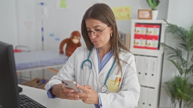 Woman doctor in white labcoat with stethoscope holding smartphone and smiling at camera in pediatric clinic at exam desk with computer and teddy visible; warmth.
