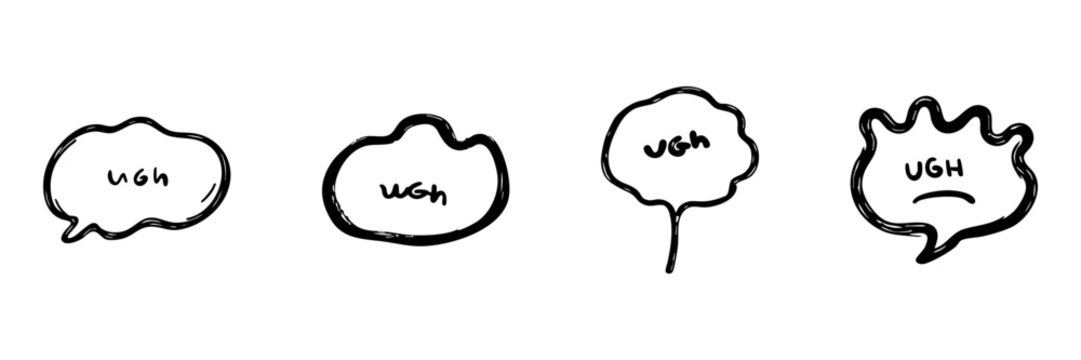 Speech Bubbles With Expression Hand Drawn Doodle Icon Set. Frustration And Annoyance Sketch Symbol Collection. Social Media And Communication Graphic Design. Isolated Vector Illustration