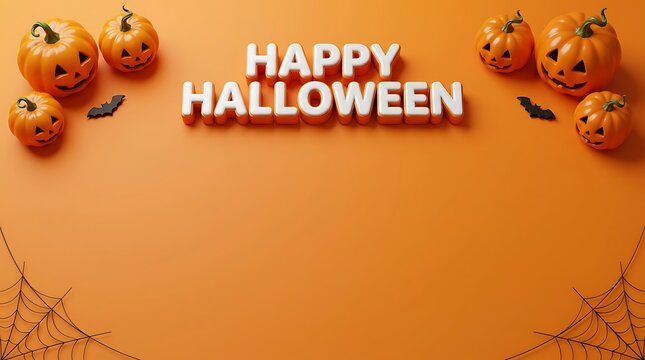 Happy halloween typography with carved pumpkins and spider webs on orange