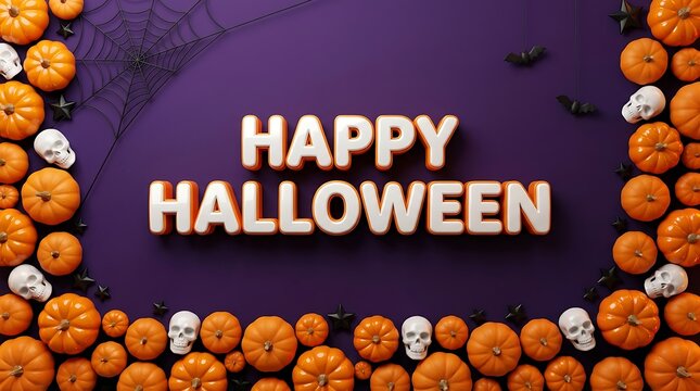 Happy halloween greeting message with pumpkins and skulls on purple background