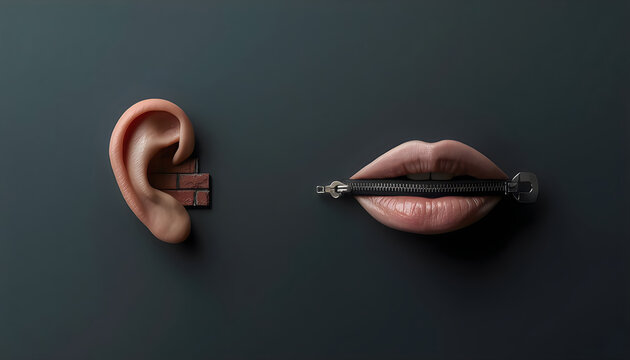 Ear with brick wall and lips with zipper symbolizing silence and censorship concept.