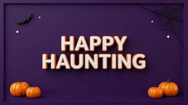 Happy haunting greeting sign with pumpkins and spider web on purple background