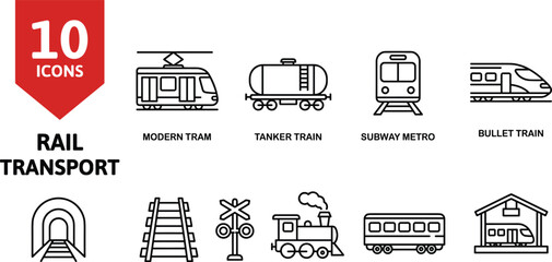 Naklejka premium Rail transport icon set featuring modern tram, tanker train, subway metro, bullet train, railway tracks, locomotive and station symbols