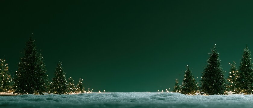 Christmas trees in snowy landscape with green copy space