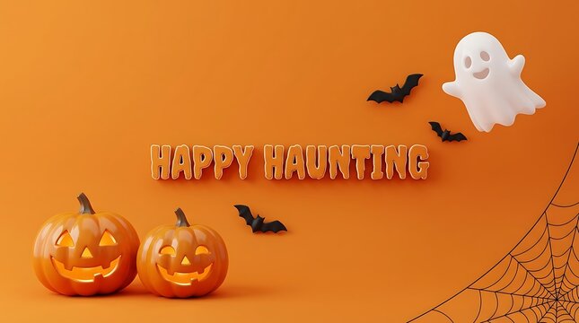 Happy haunting typography message with jack olantern pumpkins and ghost