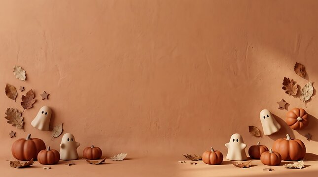 Minimalist halloween background featuring cute little ghosts and small pumpkins arranged on a warm beige studio surface