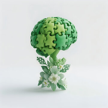 Green puzzle brain tree sculpture growing floral base for mental health concept.
