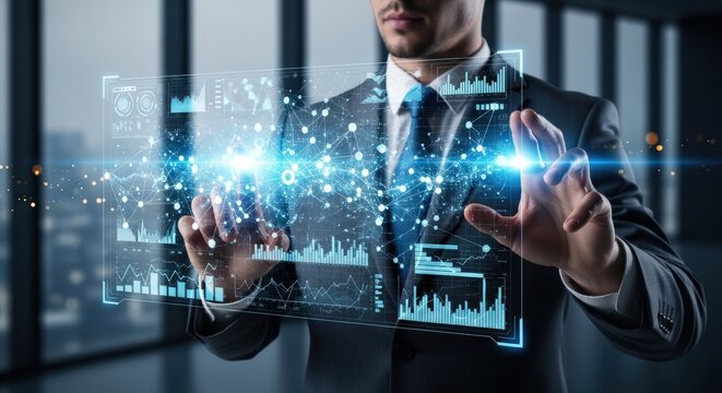 Futuristic digital interface with data analytics, businessman interacting with virtual HUD screen, corporate financial technology and big data visualization
