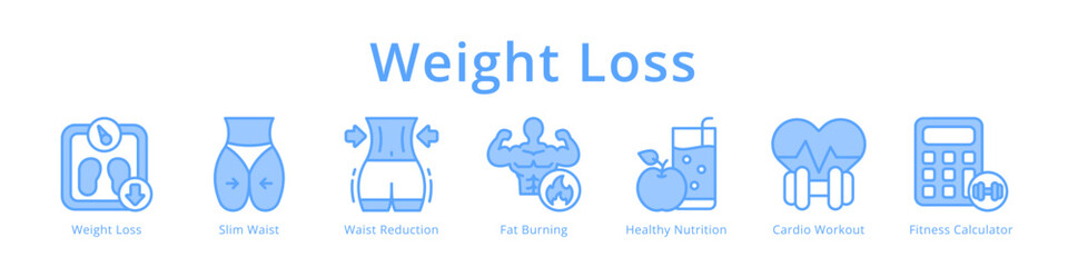 Fototapeta premium Weight loss icons featuring slim waist, fat burning, healthy nutrition and cardio workout for fitness diet design.
