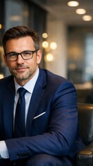 Fototapeta premium Confident businessman portrait in navy suit with glasses for corporate profile and professional headshot background