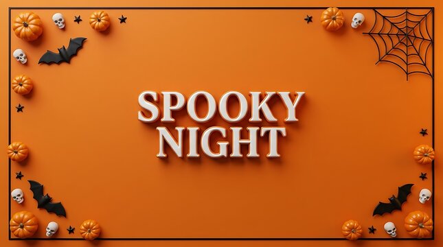 Spooky night typography framed by halloween pumpkins skulls and bats on orange