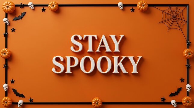 Stay spooky typography banner decorated with halloween pumpkins skulls and bats