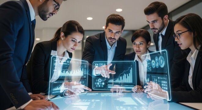 Professional business team analyzing digital data charts. Corporate group using futuristic hologram interface. Diverse colleagues working with virtual analytics.