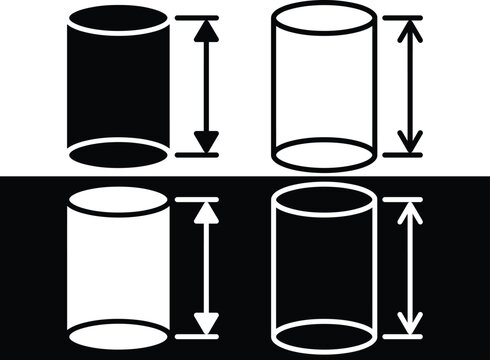 Cylinder height measurement vector icon set for 3D geometric shape, size dimension, and technical spec design