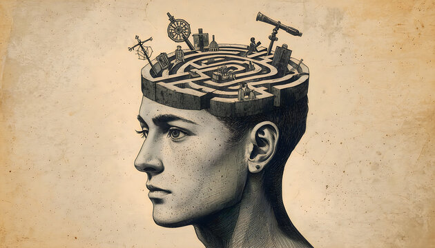 Labyrinth in head conceptualize complex thoughts or problem solving.