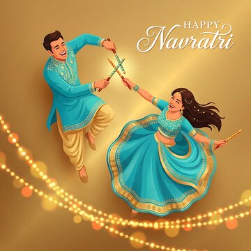 Happy navratri greeting with a couple dancing garba and dandiya