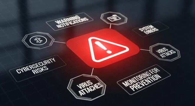 Cybersecurity risks warning interface, digital system error alert icons, network virus attack and prevention monitoring dashboard