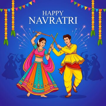 Happy navratri celebration with couple performing traditional garba dance