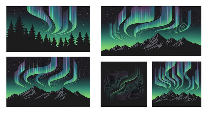 Set of vector illustrations featuring beautiful northern lights over mountain landscapes and pine tree forests at night