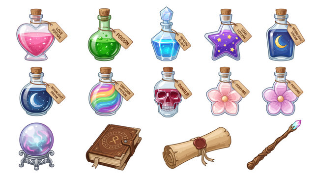 Magical Potion Bottles Collection with Crystal Ball, Spellbook, Wand and Wizard Accessories