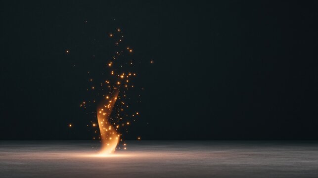 A bright flame with glowing sparks rises from a dark surface against a black background, creating a warm, dynamic light effect.