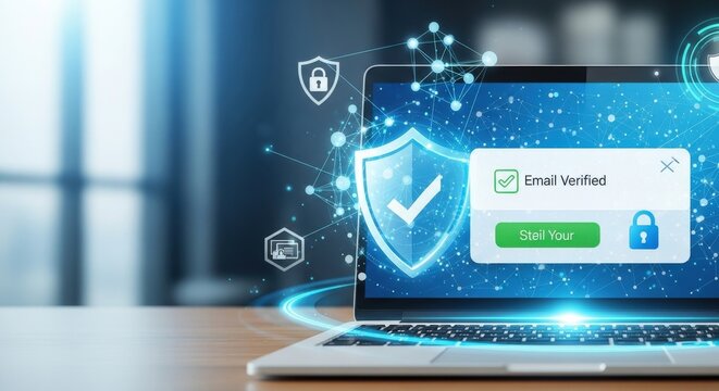 Cybersecurity email verification on laptop screen. Digital data protection with shield icons. Secure online authentication and network safety.