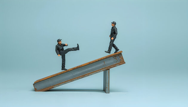 Miniature construction workers balancing on steel beam against blue background.