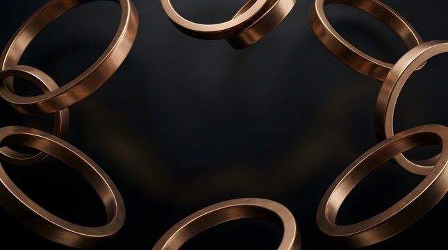 Abstract circular composition of metallic bronze rings floating in a dark void with soft lighting