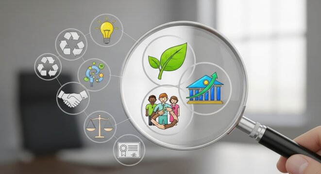 ESG environmental social governance icons under magnifying glass. Sustainability and corporate responsibility concept. Green business ethics.