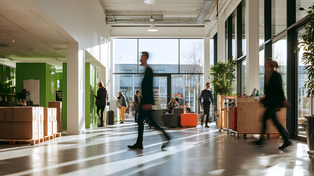 Wide angle view of people moving inside a modern storage company, showing open interior, environment and everyday public activity