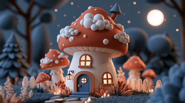 Whimsical mushroom shaped fairy house glowing under a full moon in an enchanted nighttime forest, magical fantasy cottage surrounded by colorful toadstools and tiny lights