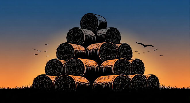 A large pyramid stack of round hay bales sitting in a field during a beautiful golden sunset