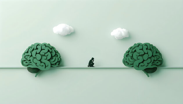 Sad person between two giant brains and clouds representing loneliness and mental struggles.