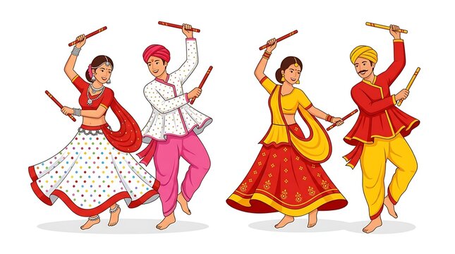 Illustration of indian couples performing garba dance with dandiya sticks