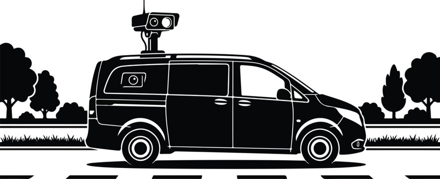 Police speed camera van parked on road side for traffic safety monitoring black graphics.
