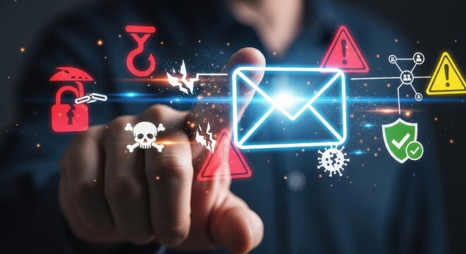 Cybersecurity email phishing concept, digital hacker attack on mail inbox, data breach and network security protection
