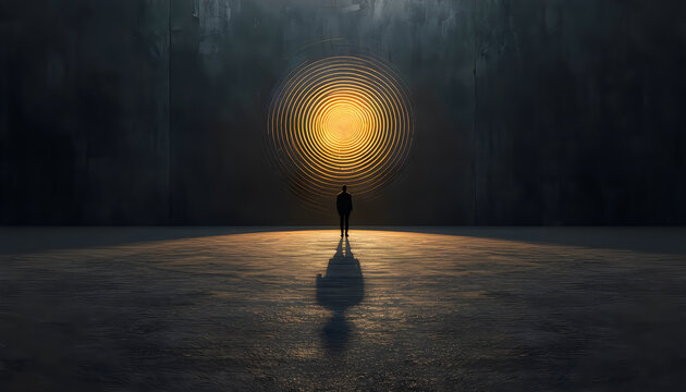 Silhouette man stands before giant glowing golden portal within dark concrete hall.
