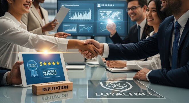 Professional business handshake in office, corporate partnership and customer loyalty concept, diverse team with reputation and data screens