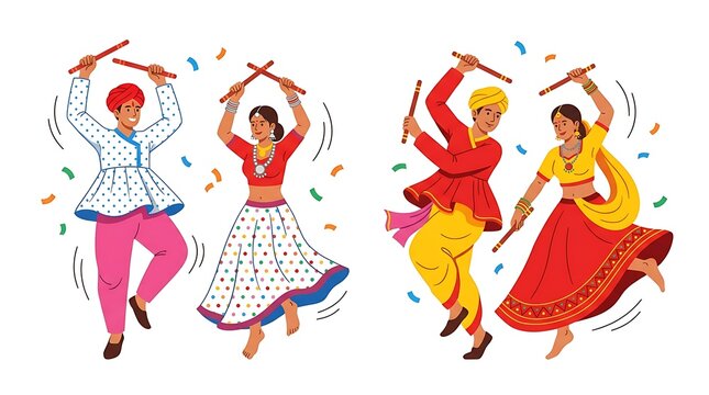 Happy indian couple dancing garba and dandiya raas with sticks