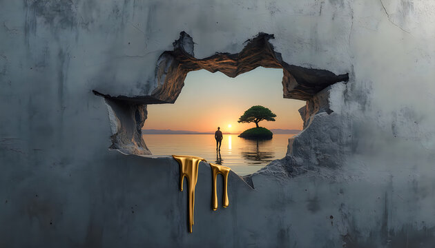 Surreal landscape through broken wall with golden drip for freedom and escape.