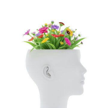 White human head profile filled with colorful blooming spring flowers and greenery.