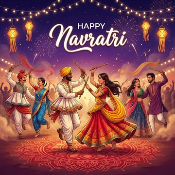 Happy navratri celebration with people performing traditional dandiya raas dance
