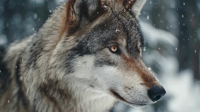 Close up of a wild grey wolf looking around in a snowy winter forest during a snowfall.